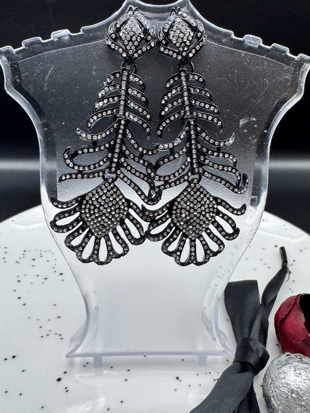 Elegant Black Crystal Feather Drop Earrings